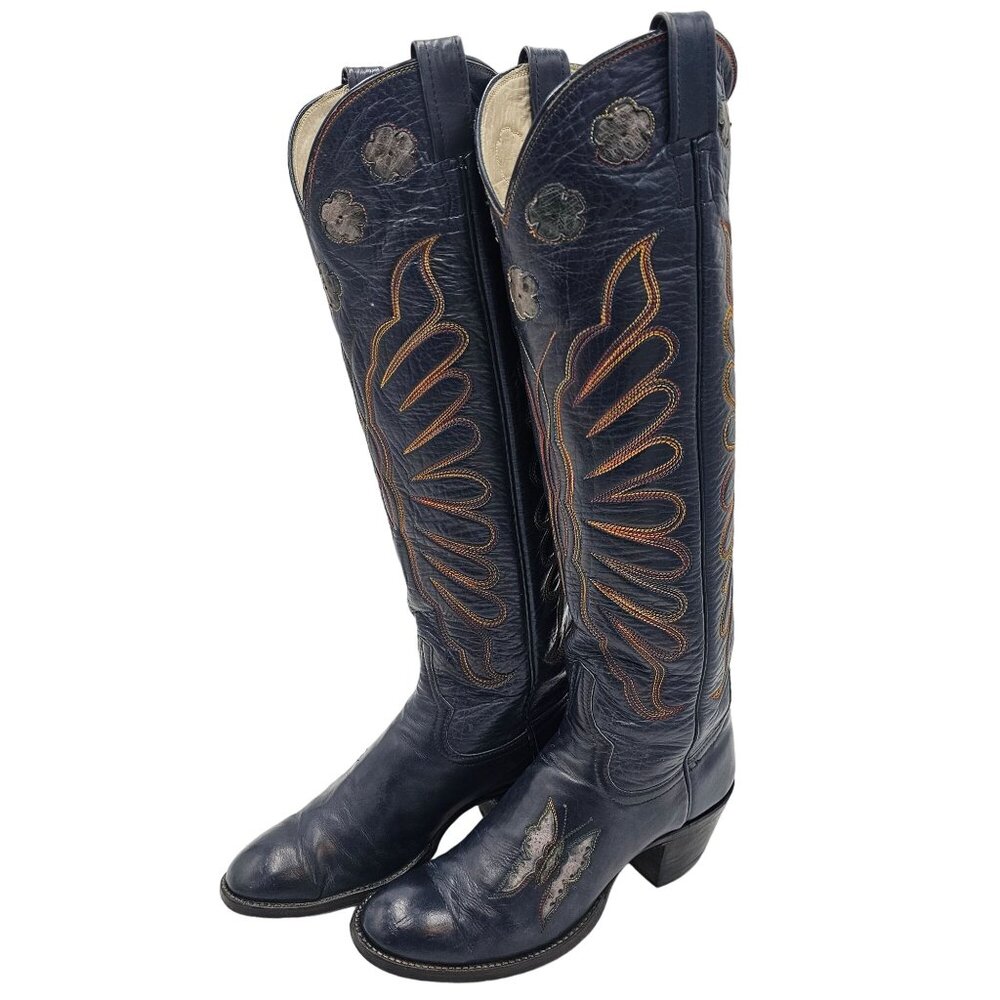 Vintage 1970s CUTTER BILL Cowgirl Boots 6B Navy Rainbow Leather Butterfly Cowboy - Picture 10 of 16